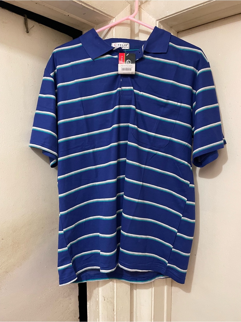 Feliz Fashion Men’s XXL Blue Striped Short Sleeve Polo Shirt NWT Pocket Casual